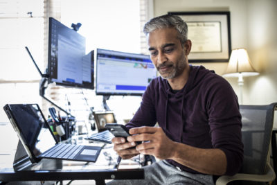 man working in home office